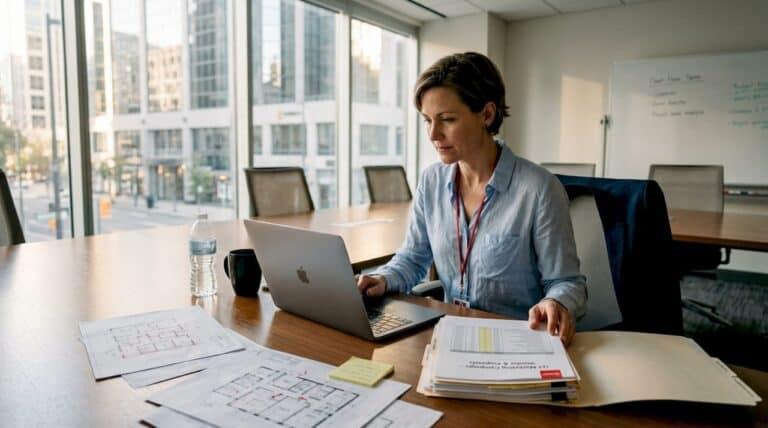 Manager reviewing event booth budget documents with laptop at office desk by window