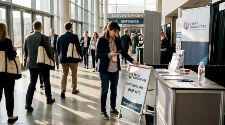 Event manager at busy trade show entrance booth greeting arriving visitors