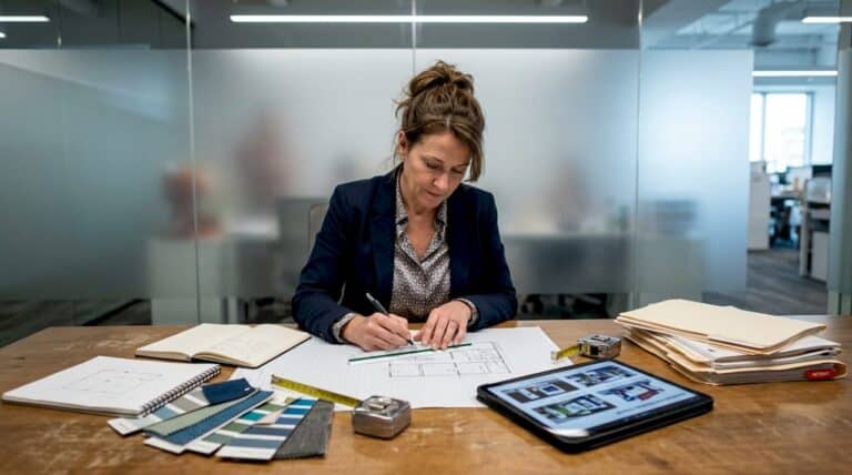 Event manager planning custom stand build with technical drawings and material samples at desk
