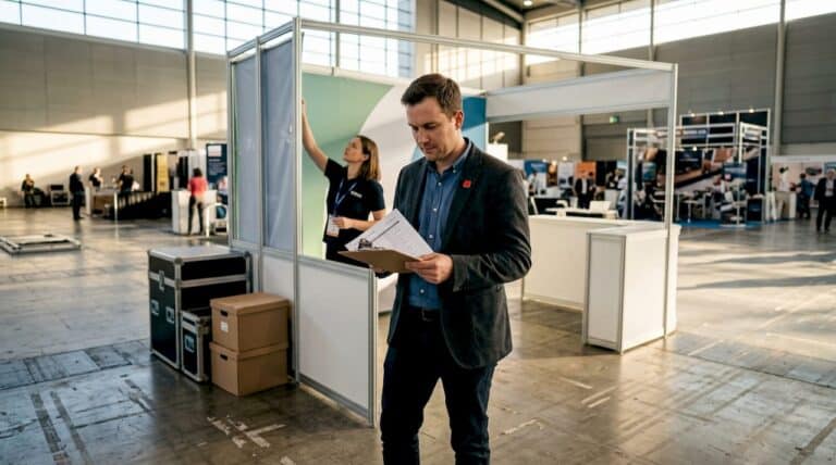 Trade show manager with clipboard checking reusable booth display panels and transport crates