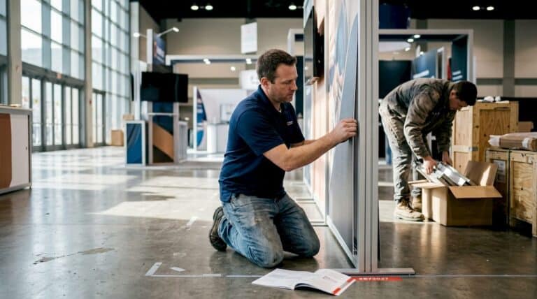 Stand builder kneeling to assemble custom trade show wall panel at exhibition venue