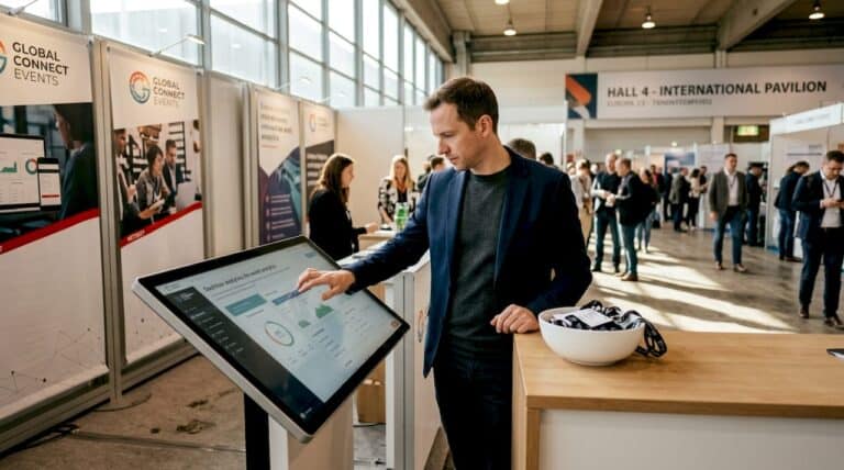 Planner adjusting interactive touchscreen kiosk at experiential trade show booth