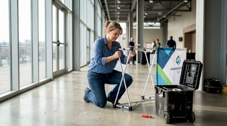 Coordinator assembling portable exhibition banner stand from compact transport case at venue