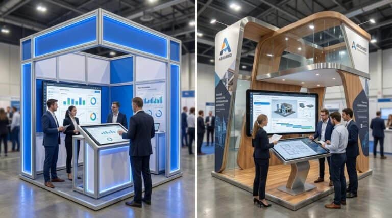 Modular exhibition booth systems with blue frames and interactive touchscreen kiosks at trade fair