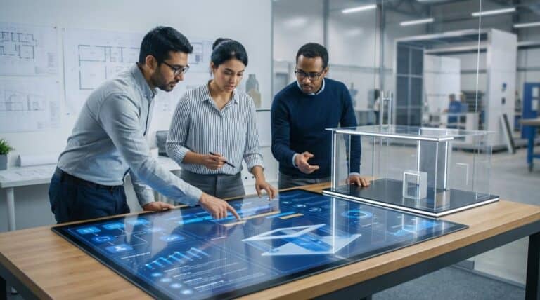 Three colleagues reviewing exhibition blueprints on illuminated interactive table