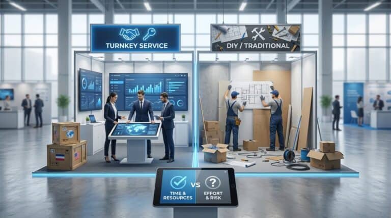 Illustration comparing turnkey booth service with DIY traditional setup showing time and effort difference