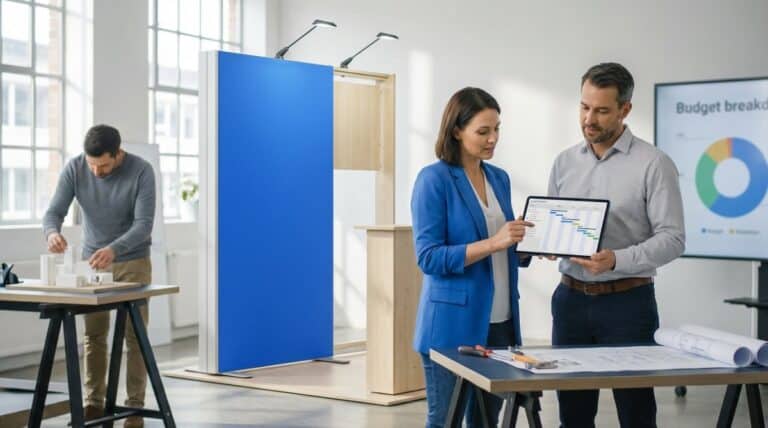 Two presenters reviewing tablet data beside blue pop-up display wall and podium at event space