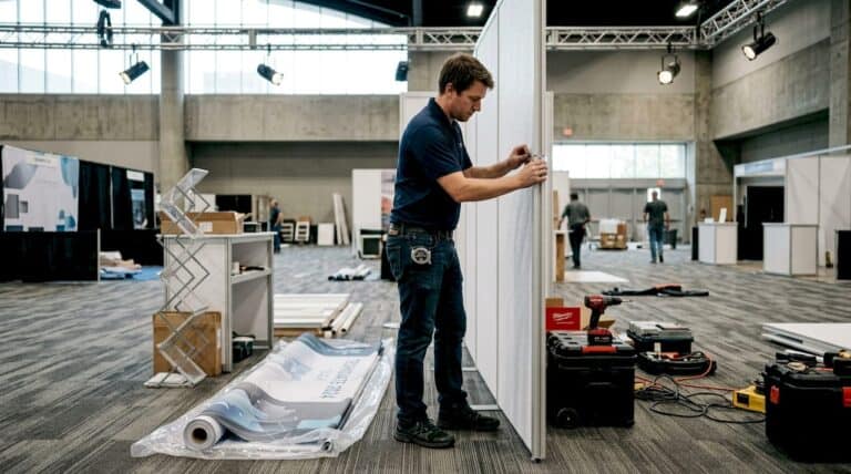 Coordinator assembling modular exhibition wall panel with drill at trade fair venue