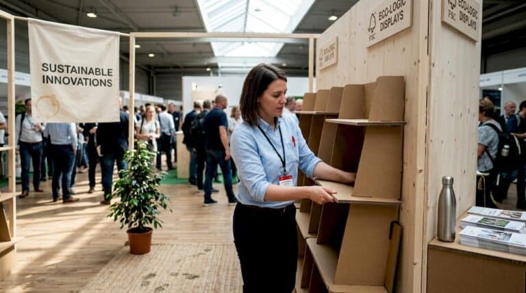 Manager arranging cardboard shelving on modular eco booth with sustainable innovations banner