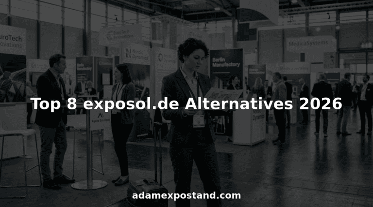 Businesspeople walking among different exhibition stand types at European trade fair hall