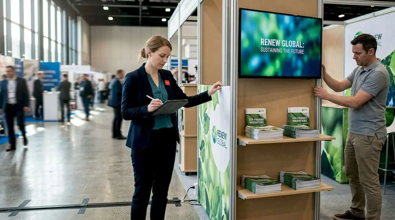 Manager checking modular eco-friendly exhibition stand with green branding and product shelves