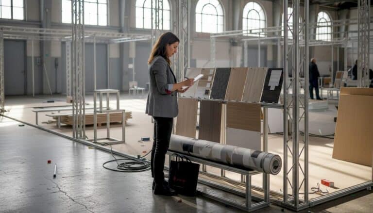 Woman reviewing stand construction material samples on rack at exhibition venue during build