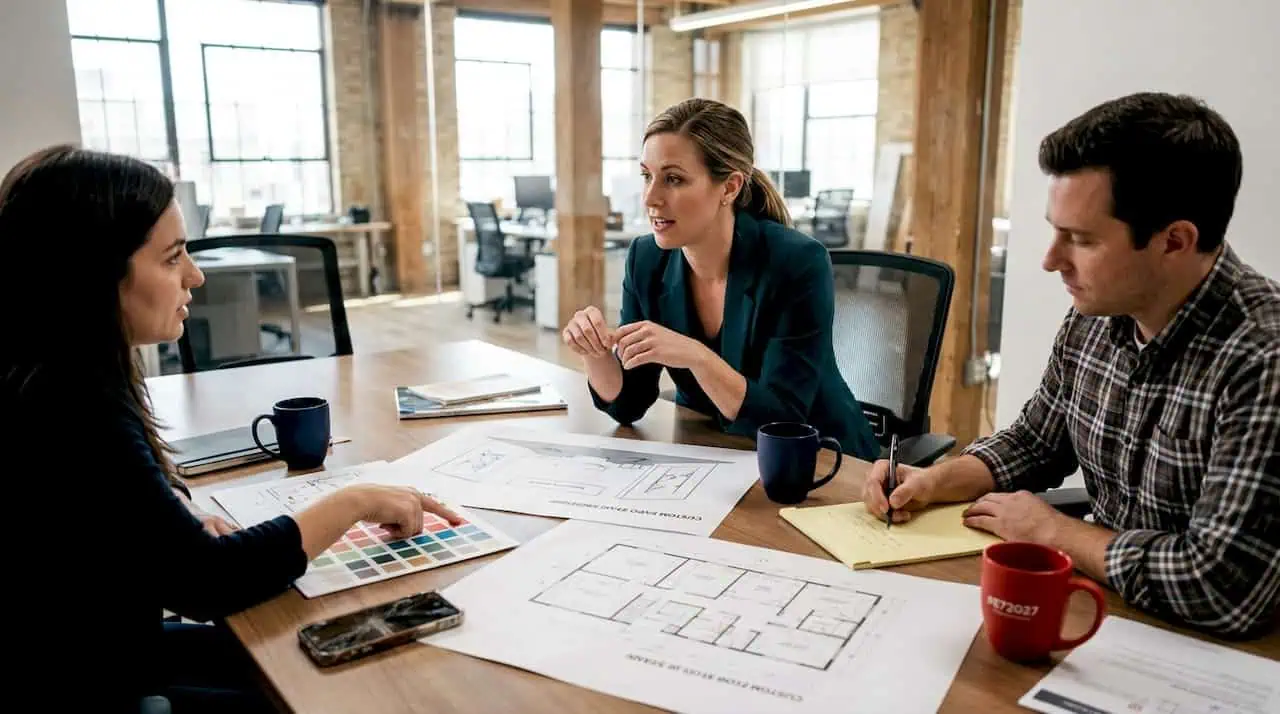 Design team discussing custom expo stand floor plans and material samples at meeting table
