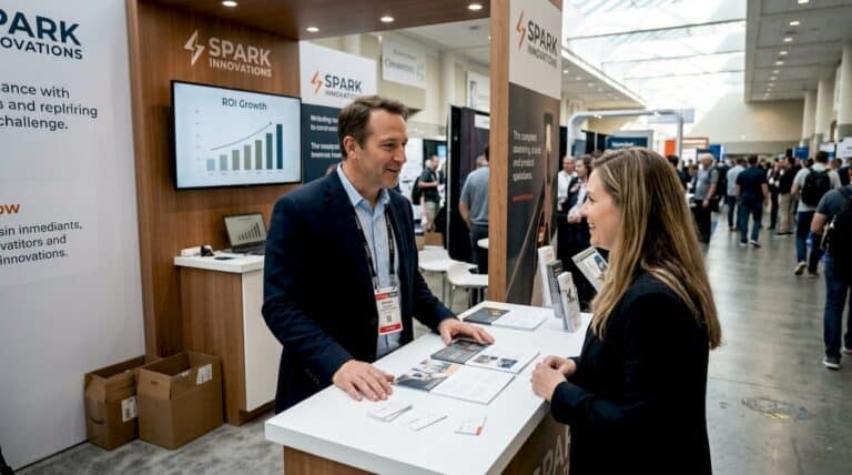 1775717205627 Manager engaging with attendee at trade show booth