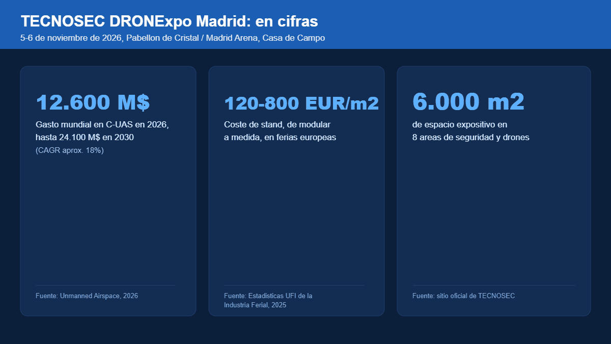Infografía con los datos clave de TECNOSEC DRONExpo Madrid: crecimiento del mercado C-UAS, rango de coste de stand y espacio expositivo total