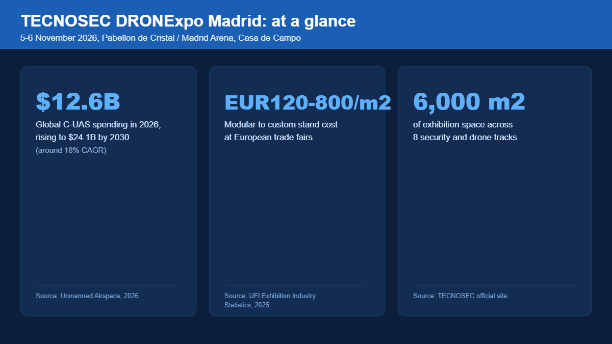 Infographic showing TECNOSEC DRONExpo Madrid key stats: global C-UAS market spending 2026-2030, modular to custom stand cost range, and total exhibition space
