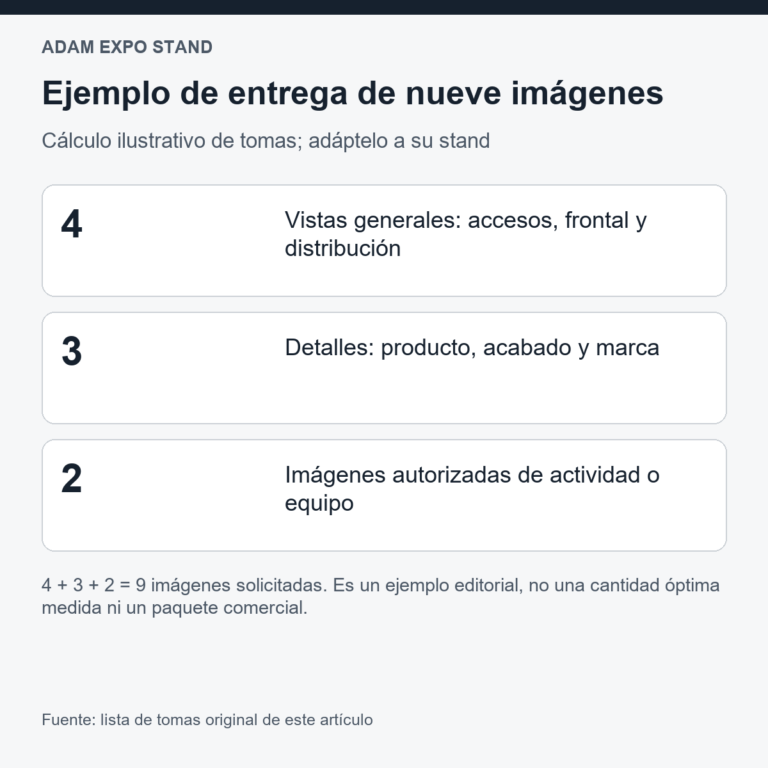 Ejemplo de tomas: cuatro vistas generales, tres detalles y dos imágenes autorizadas de actividad o equipo suman nueve.