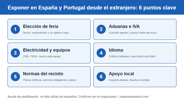 Lista para expositores anglófonos en ferias de España y Portugal: elección de feria, aduanas e IVA, electricidad, idioma, normas del recinto y apoyo local