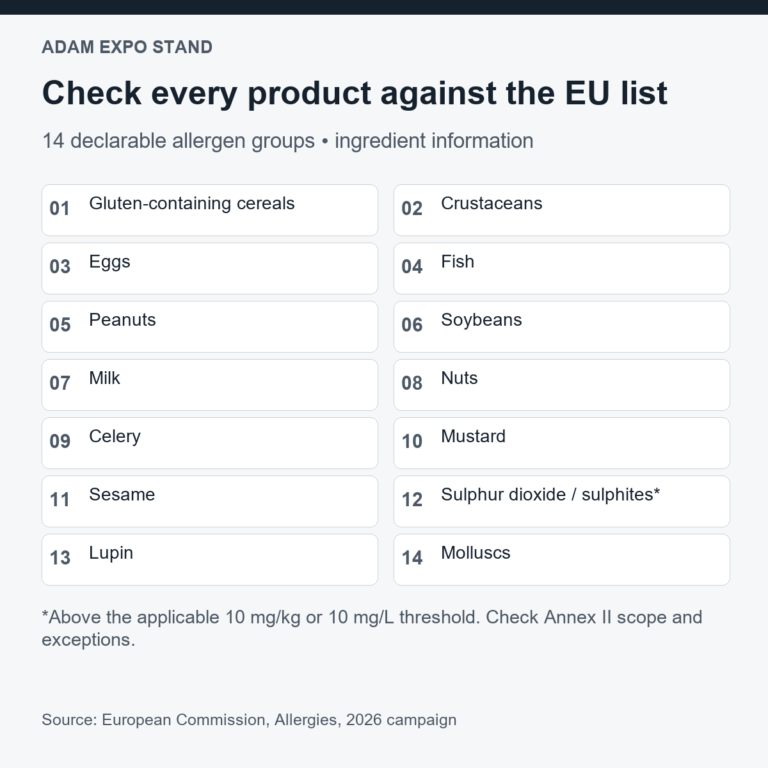 Fourteen EU declarable allergen groups, from gluten-containing cereals to molluscs, for checking each product specification.