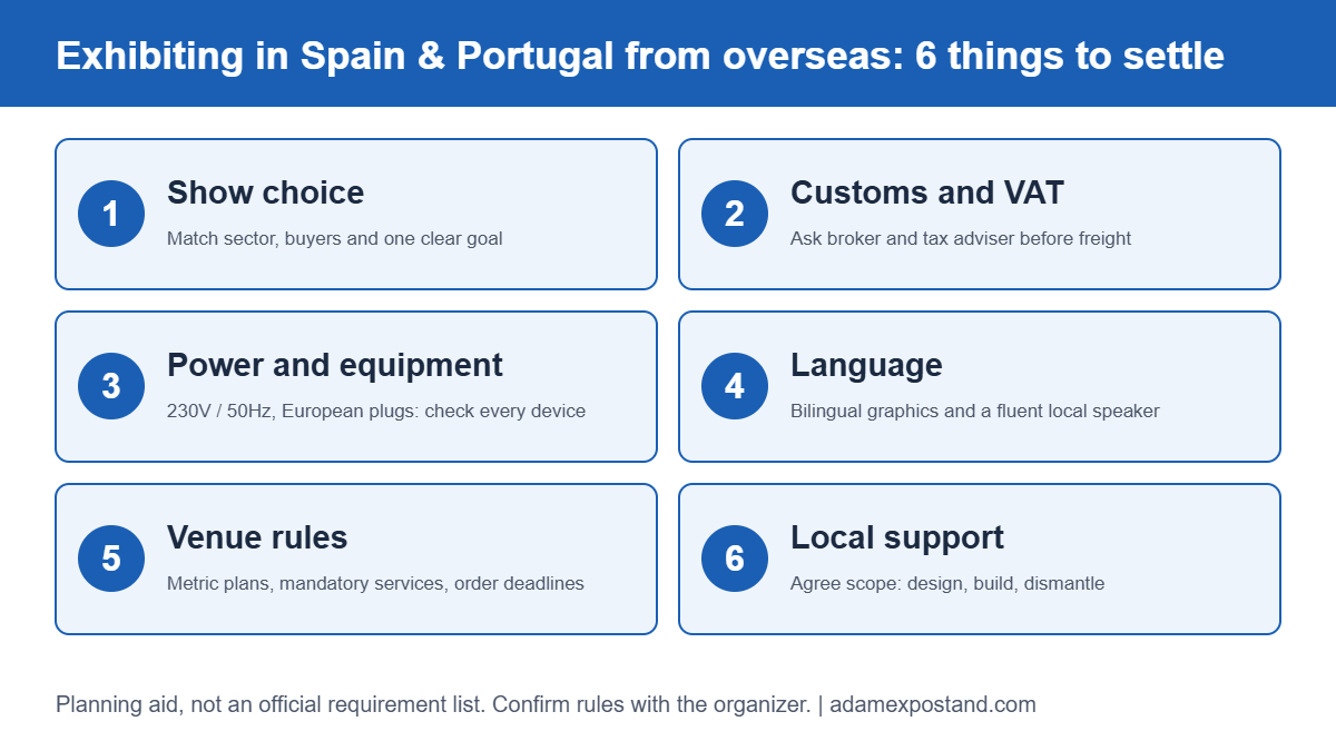 Checklist for English-speaking exhibitors planning a Spain or Portugal trade show, with six topics: show choice, customs, power, language, staffing and local support